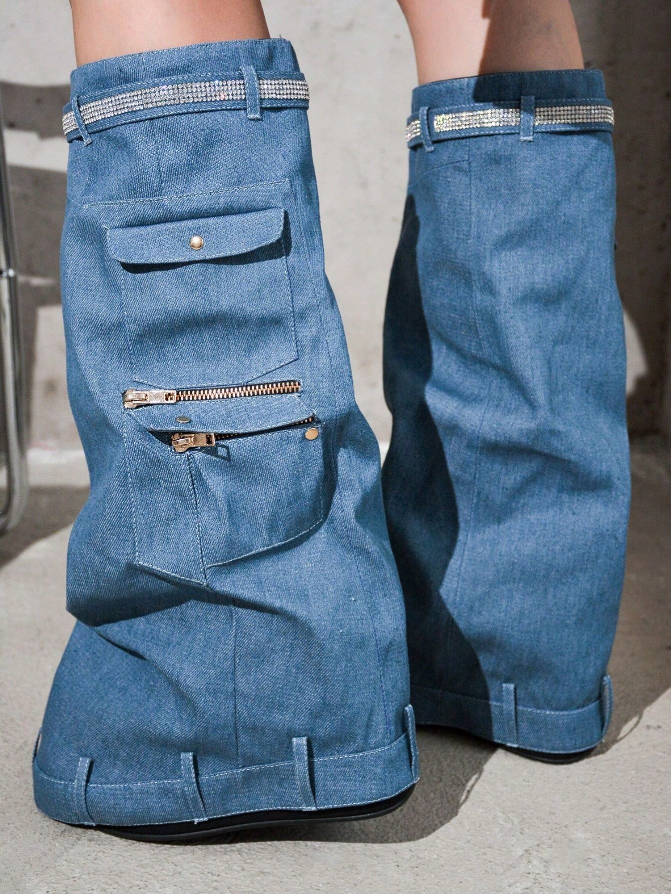 Pueblo Rhinestone Fold Over Denim Boots