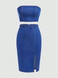 Zip Back Tube Denim Top & Split Thigh Denim Skirt Set