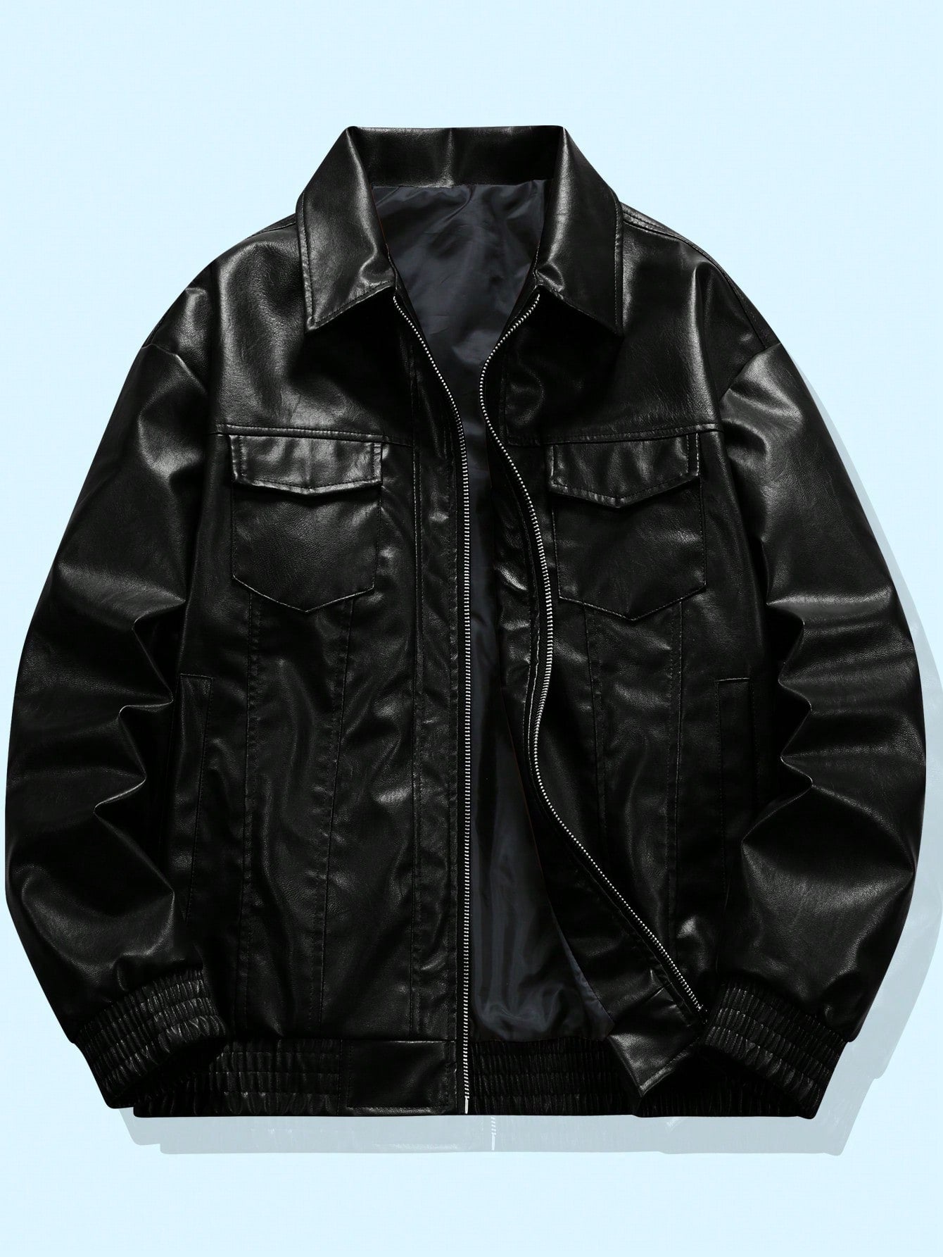 Loose Fit Men's PU Jacket With Flap Pockets