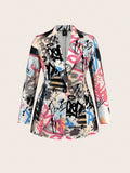 Plus All-Over Graffiti Print Lapel Blazer