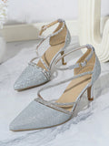 Gold Powder Silver Color Rhinestone Decorated Pointed High Heels