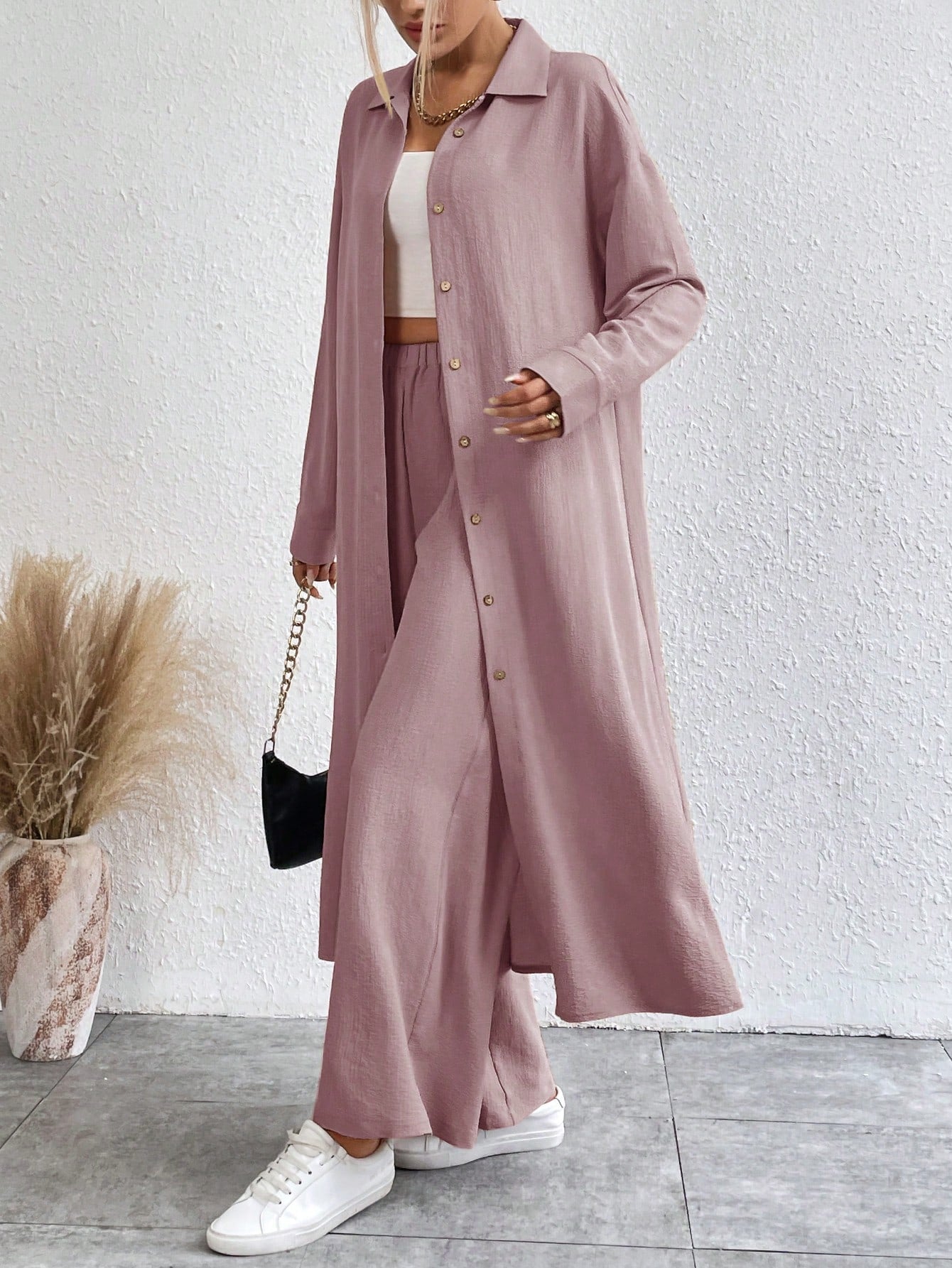 Solid Color Drop Shoulder Long Shirt And Wide Leg Pants Two-piece Set