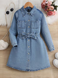 Tween Girls' Blue Casual Denim Dress With Belt