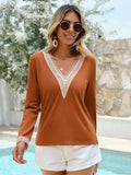 Crochet V-Neck Long Sleeve T-Shirt