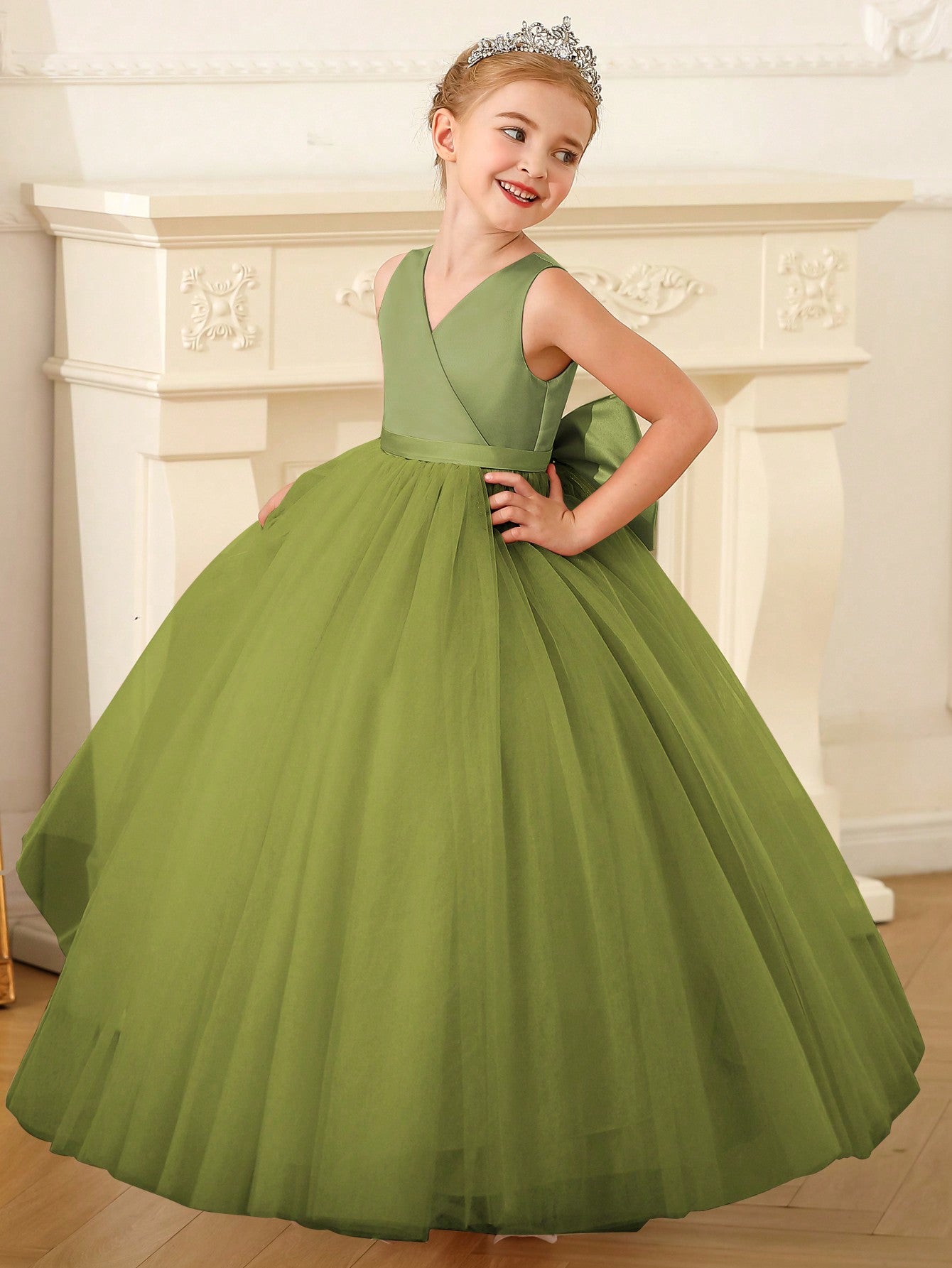 Young Girl Simple Sleeveless Mesh Bowknot Party Dress With Long Length