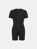 Tween Girl Knitted Monochrome Jumpsuit With Small Stand Collar For Casual Wear In Spring And Summer