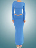 Ladies Solid Color Round Neck Slim Fit T-shirt And Skirt Set
