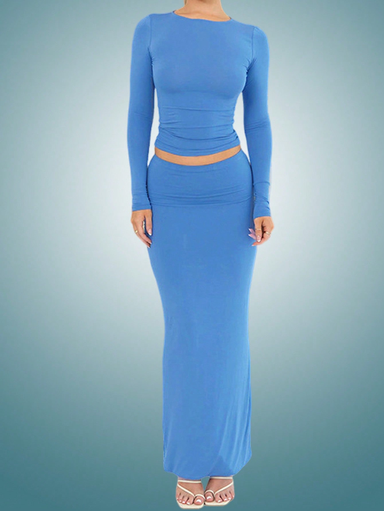 Ladies Solid Color Round Neck Slim Fit T-shirt And Skirt Set