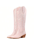 Cowboy Boots For Women, Cowgirl Boots With Sparkly Rhinestone, Almond Toe Low Heel Pull On Westerm Fashion Embroidery Knee High Metallic Cowgirl Boot For Ladies