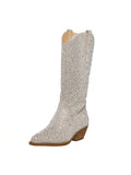 Women's Rhinestone Cowboy Boots Pointed Toe Block 5cm Heel Knee High Boots Wide Calf Wedding Party Boots For Women