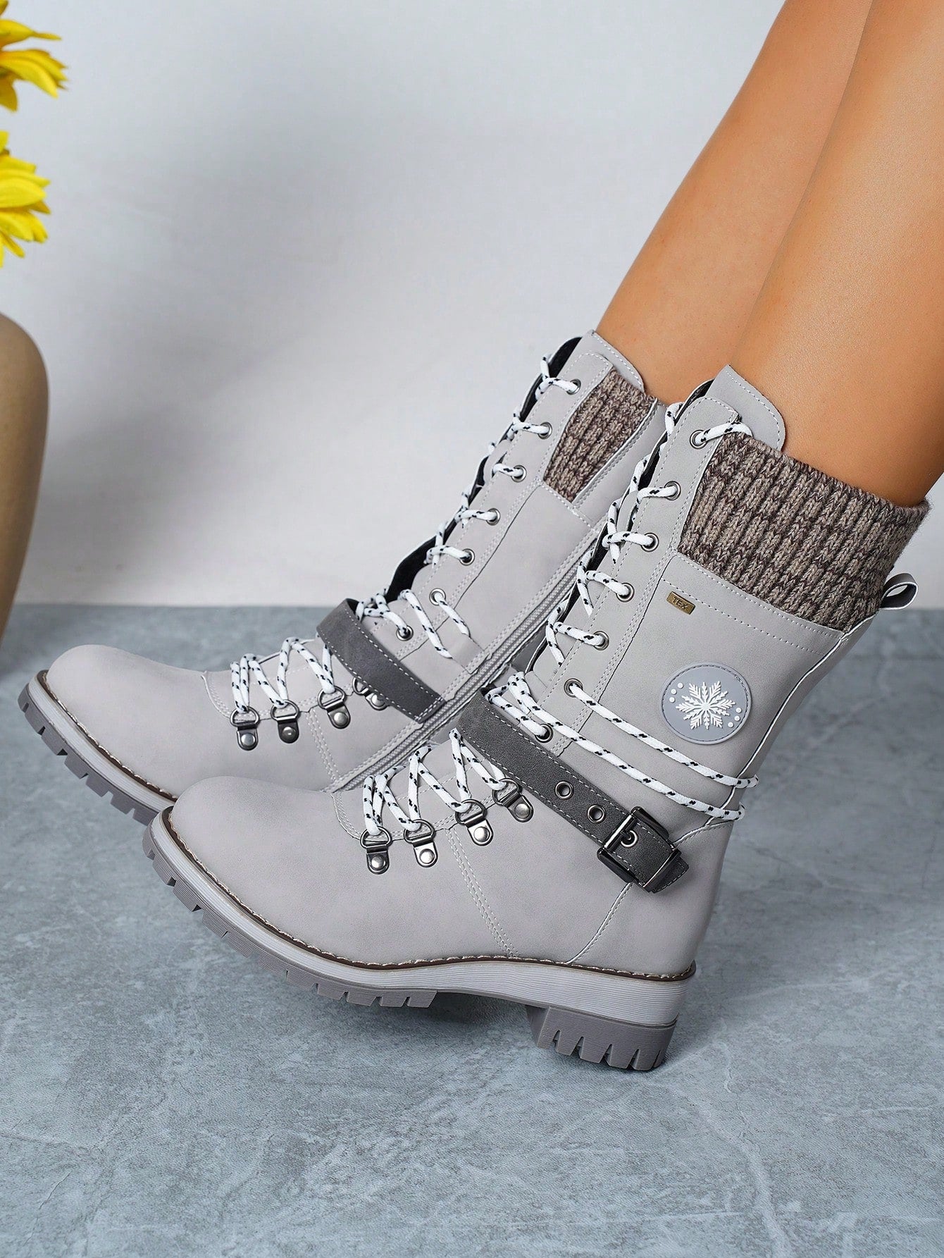 Grey European And American Style Knitted Spliced Knight Boots With Front Lace-Up