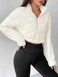 Spring White Half Zip Drop Shoulder Crop Sweatshirt Hoodie