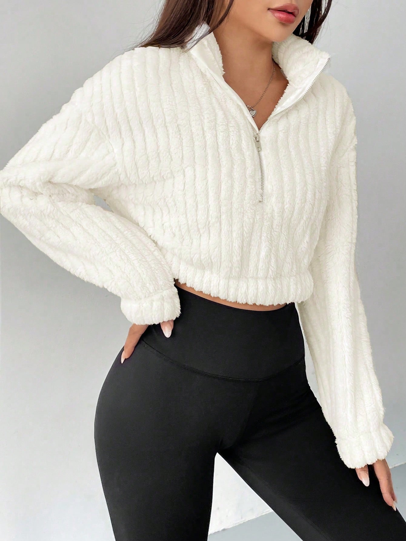 Spring White Half Zip Drop Shoulder Crop Sweatshirt Hoodie