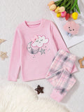 Young Girl Cute Rabbit Printed Thermal Fleece Snug Fit Pajamas Set