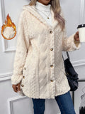 Solid Button Front Hooded Fleece Coat