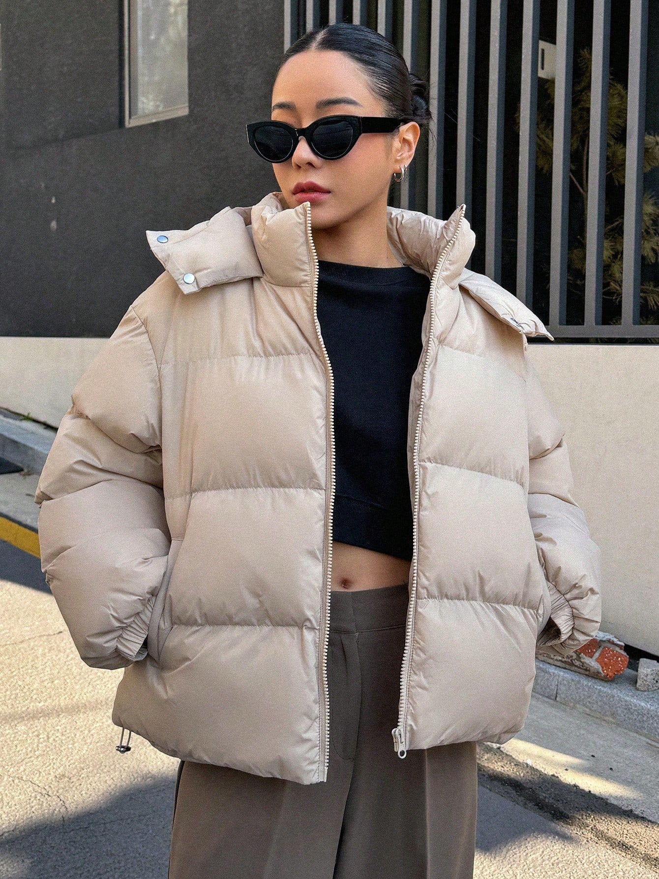 Pocket Side Zipper Hooded Padded Coat