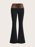 Y2k Pink Leopard Print Spliced Fold-Over Waist Flare Pants With Super Low Rise
