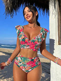 Swim Summer Beach Tropical Printed Ruffle Edge Two-Piece Bikini Set