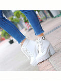 Women Fashionable Round Toe Chunky Platform Ankle Boots, White Winter Boots For Girls, Valentine's Day Outfit