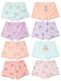 8pcs/Set Cute Cartoon Ballet Girl, Rabbit, Unicorn, Hedgehog Printed Mid-Rise Underwear For Young Girls, Four Seasons