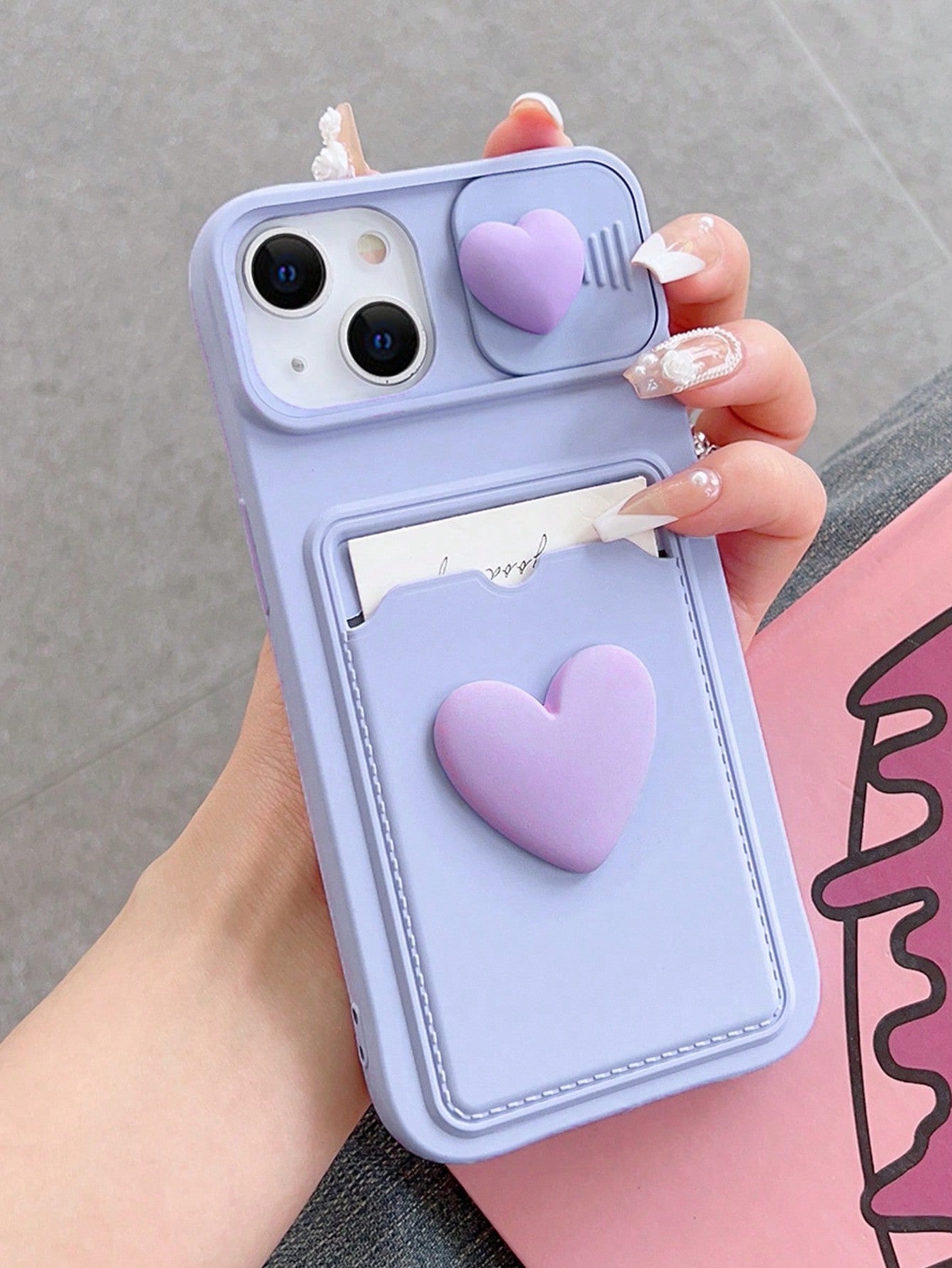 Sliding Transparent Double Heart Sticker Picture Frame Card Holder Phone Case Compatible With Apple IPhone