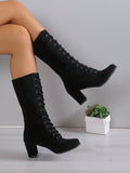 Women's Fashionable Front Lace-up Chunky Heel Boots In Cross-border Style