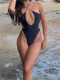 Holiday Beach Black Hollow Out One Piece Swimsuit With Thin Straps