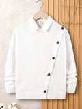 Boys' Loose-fit College Style Sweater With Slanted False Button Placket, Long Sleeve And Round Neck