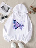 Butterfly Print Kangaroo Pocket Drawstring Thermal Hoodie