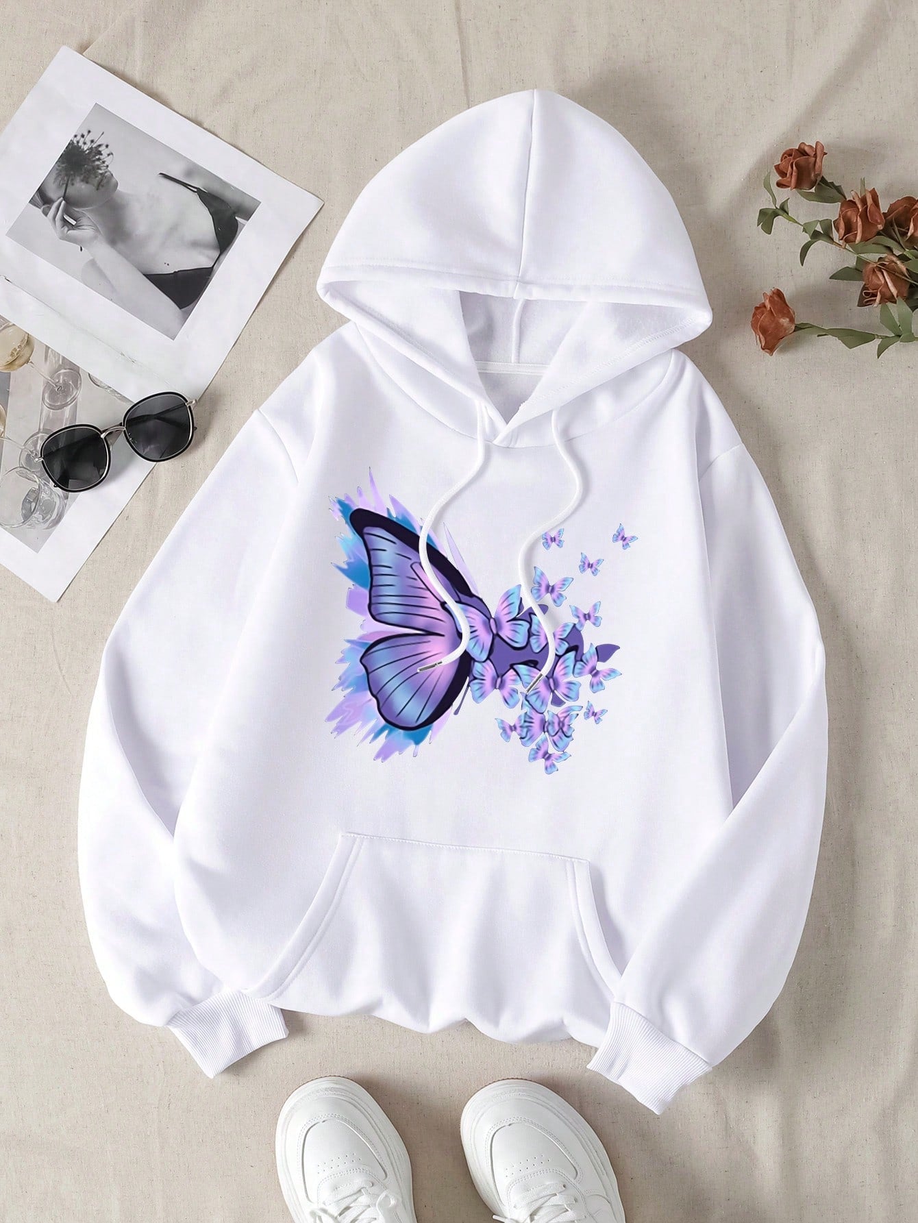 Butterfly Print Kangaroo Pocket Drawstring Thermal Hoodie