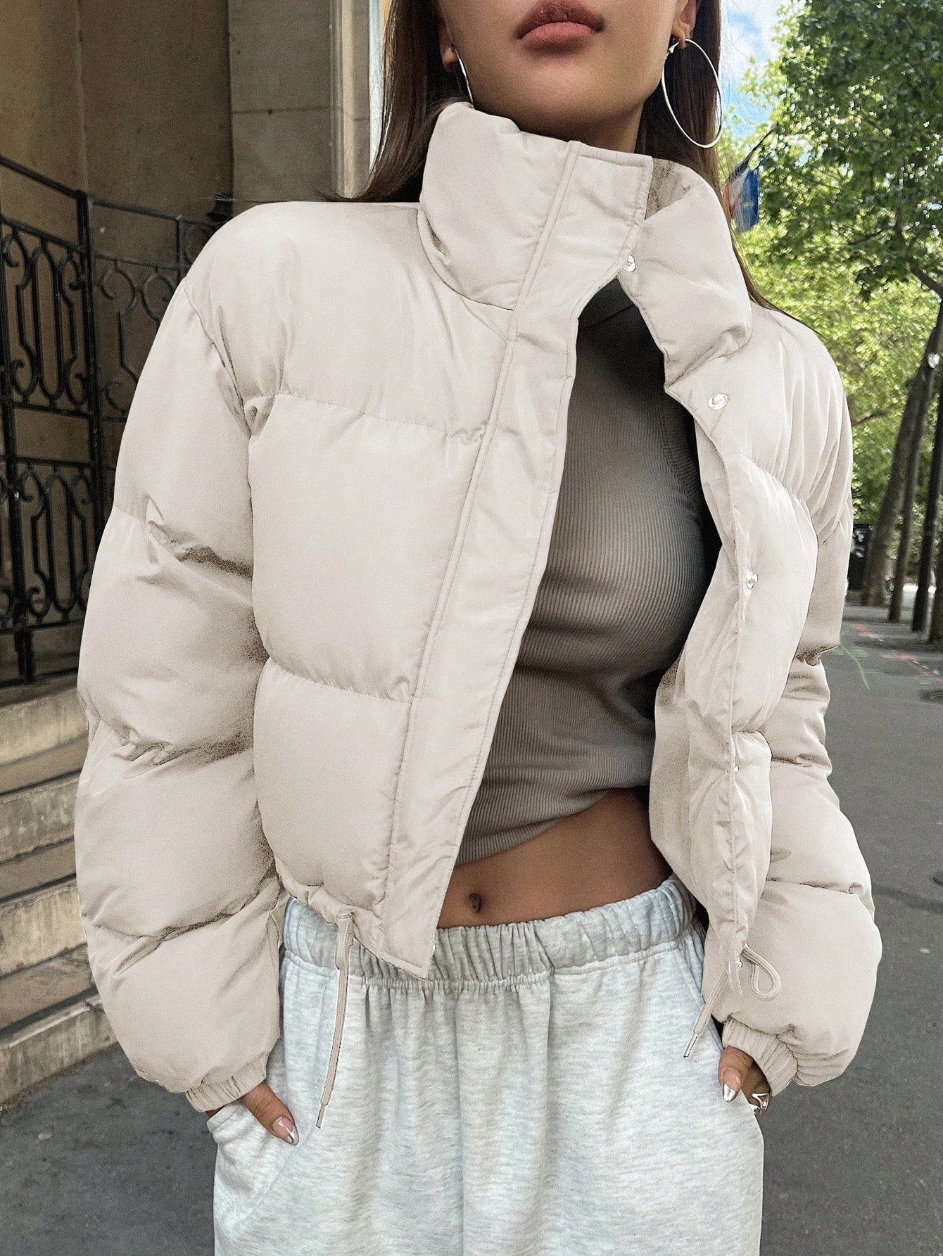 Solid Color Short Cut Padded Jacket With Stand Collar