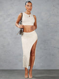 Solid Color Tight Knit Vest And High Slit Knit Bodycon Skirt Outfit For Summer Streetwear