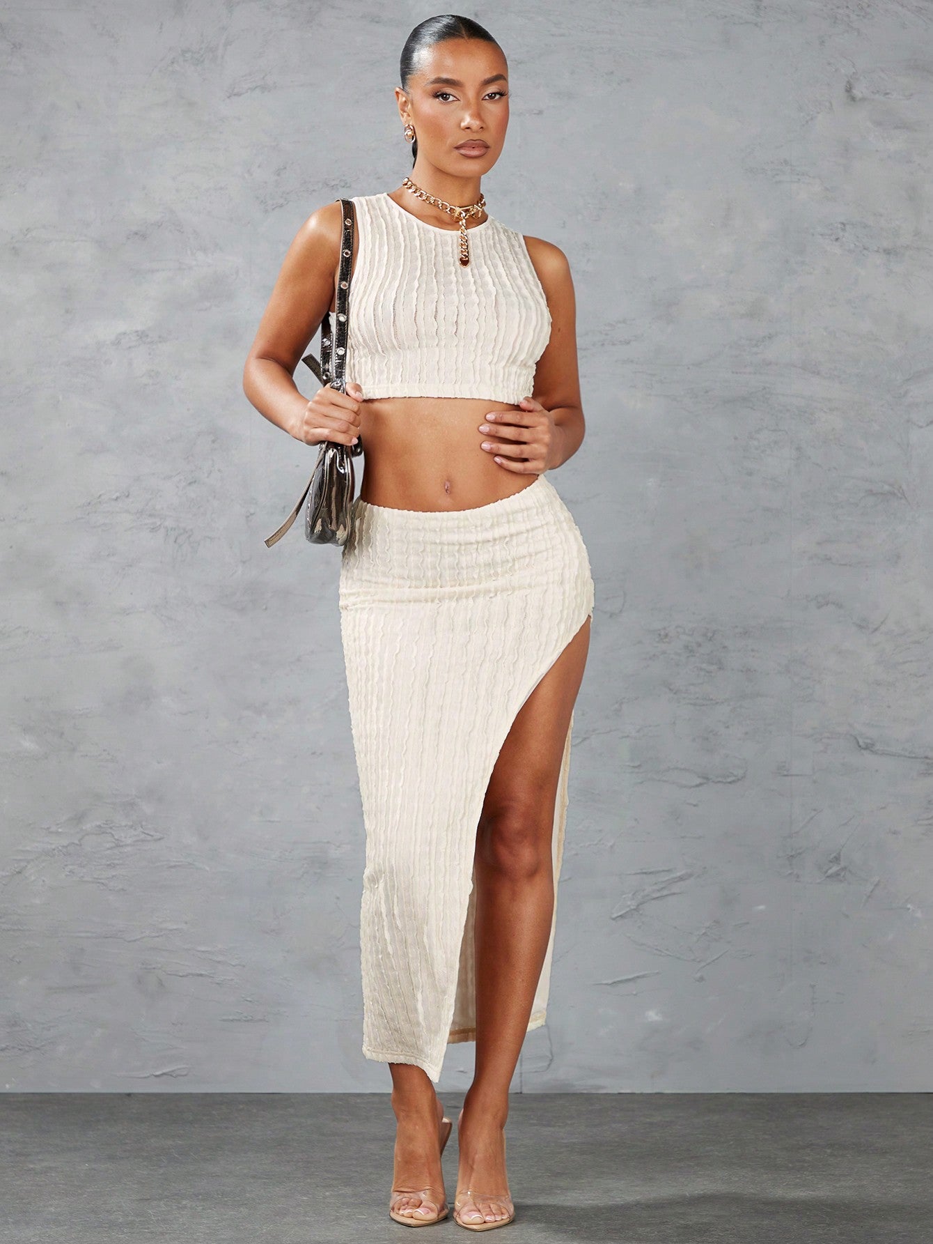 Solid Color Tight Knit Vest And High Slit Knit Bodycon Skirt Outfit For Summer Streetwear