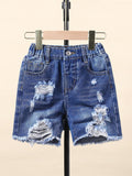 Young Boys Casual Dark Blue Washed, Distressed Elastic Waistband, Frayed Edge Denim Shorts