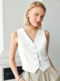 Solid White Sleeveless Vest With No Collar & V-Neck& Button Front & Suit Jacket Style For Workwear