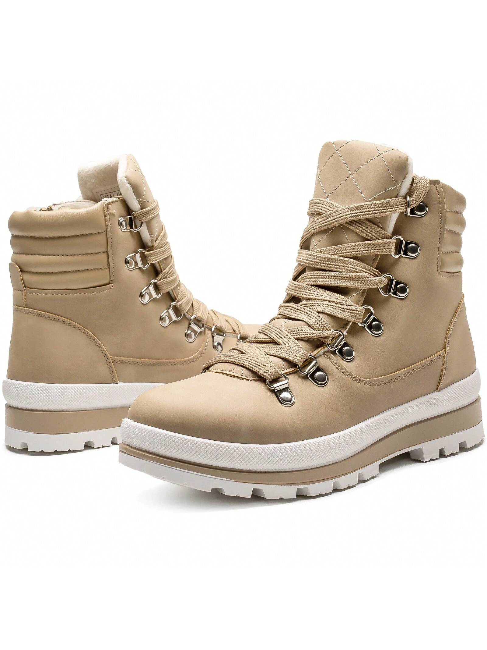 Hash Bubbie Women's Combat Boots Black Platform Boots Non Slip Waterproof Ankle Boots Fall Winter Hiking Boots White Fuzzy Snow Boots For Women With Zipper