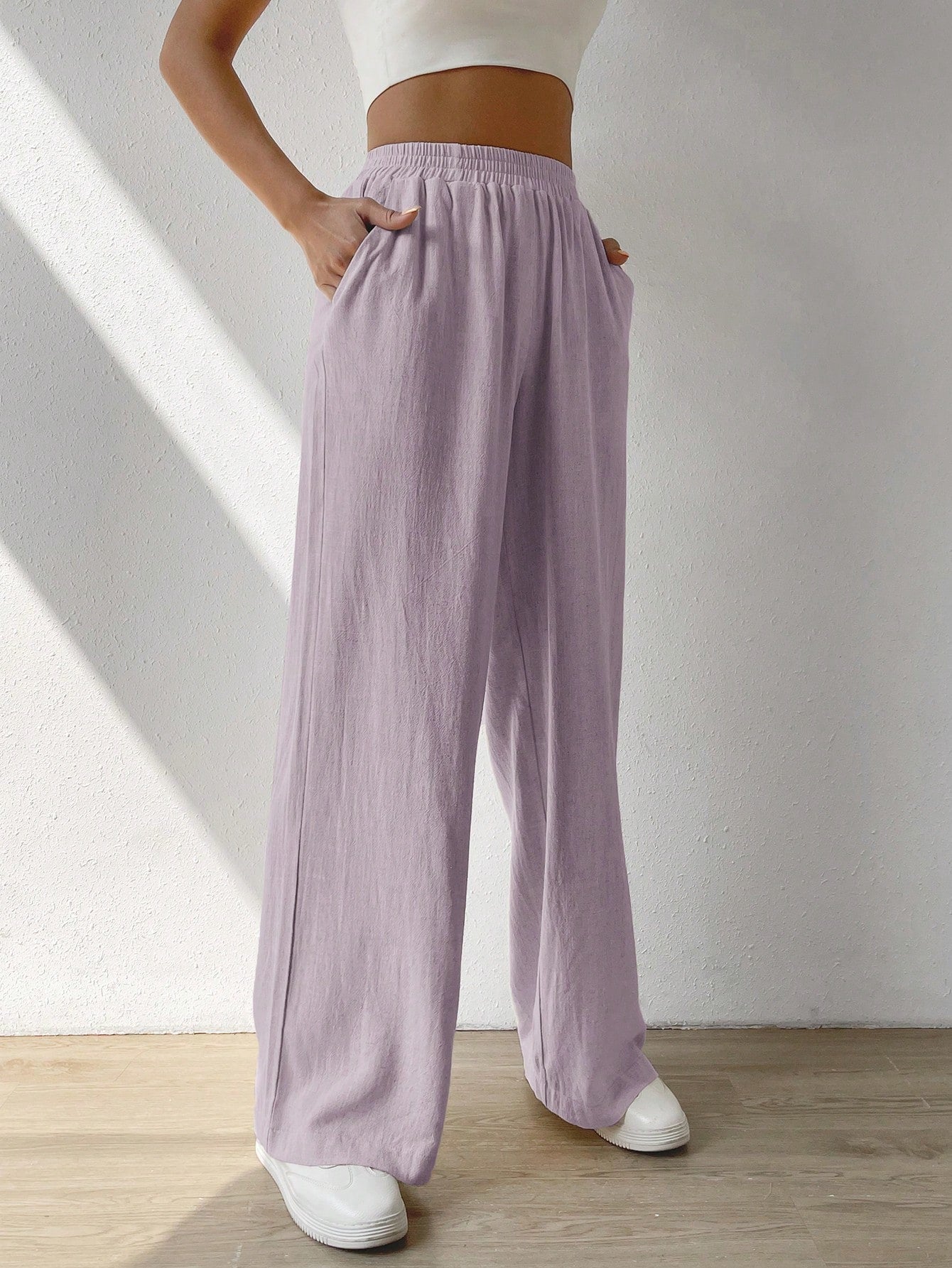Solid Color Elastic Waist Wide Leg Pants