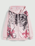 Women's Casual Comfortable Cross Print Zipper Front Hoodie With Drawstring