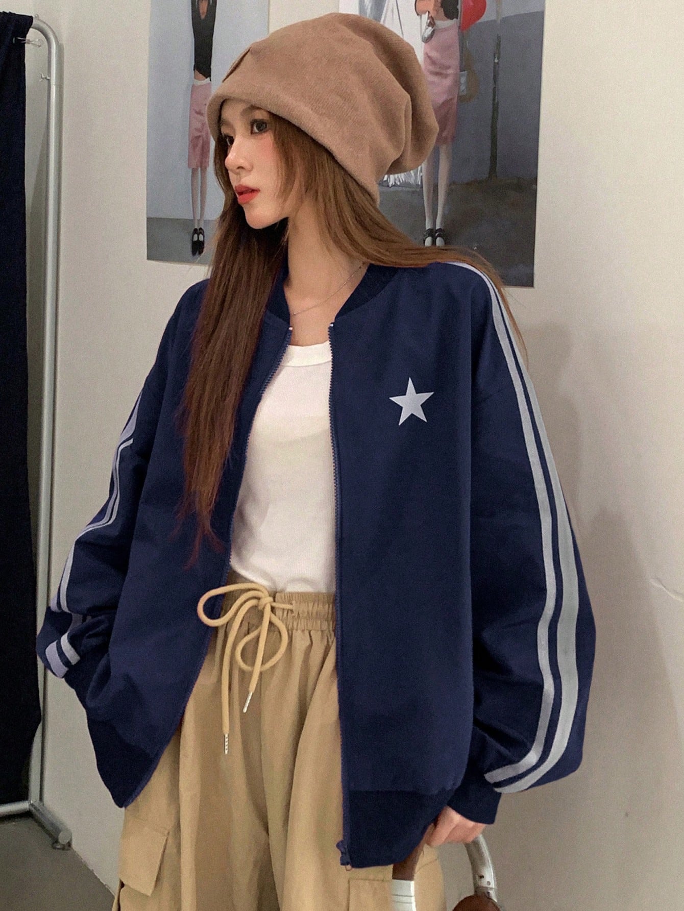 Star Print Striped Side Zip Up Bomber Jacket