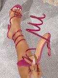 Charming Women's Rose Red Stiletto Sandals, Leg Tie Design With Rhinestone Decor Thin High Heeled Sandals