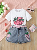 Young Girl Summer 2pcs/Set Strawberry & Letter Print Short Sleeve T-Shirt And Embroidered Elastic Waistband Denim Shorts With Belt