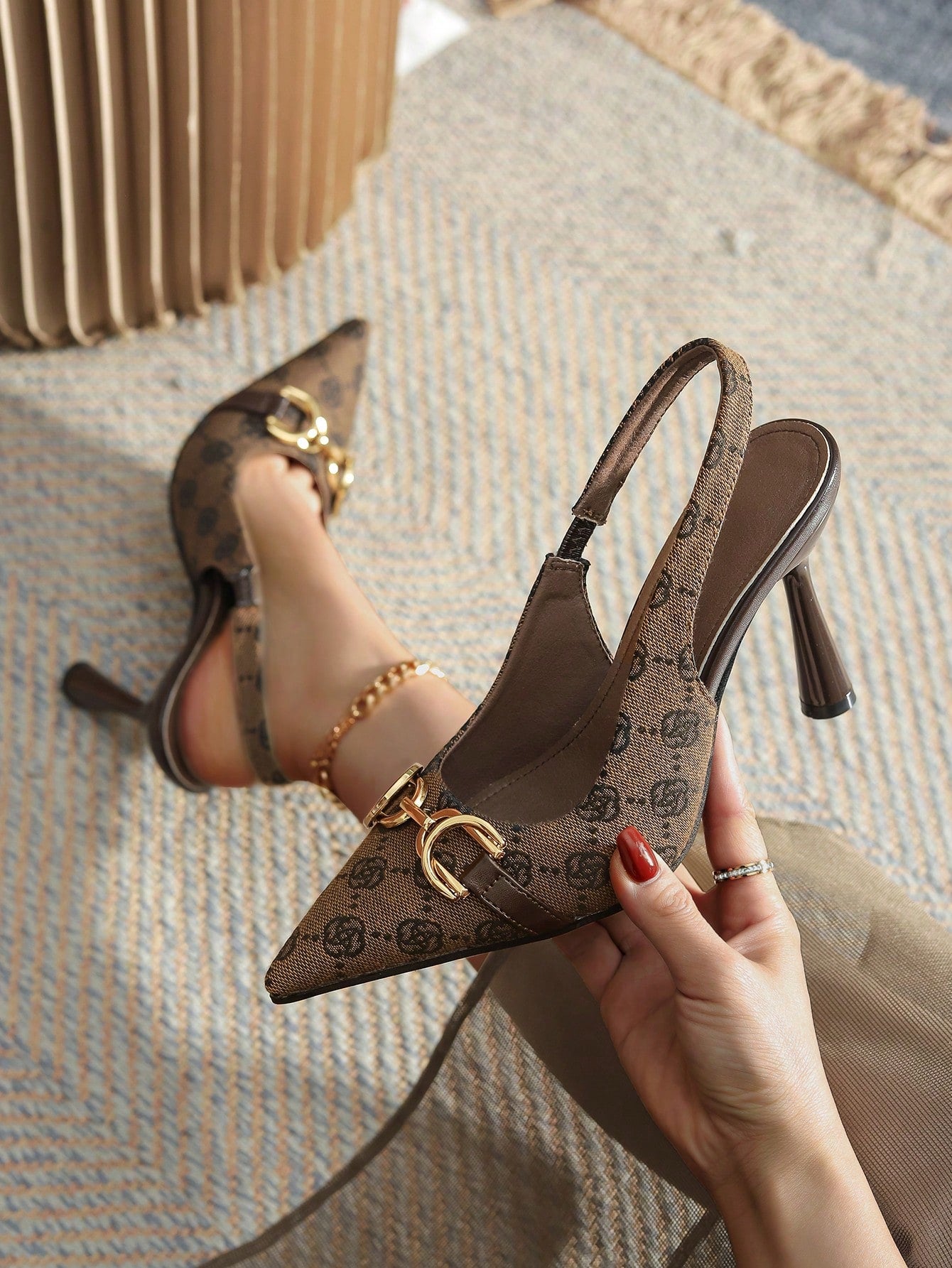 Women's High Heel Pointed Toe Retro Embroidery Fashionable Buckle Strap Backless Sandals