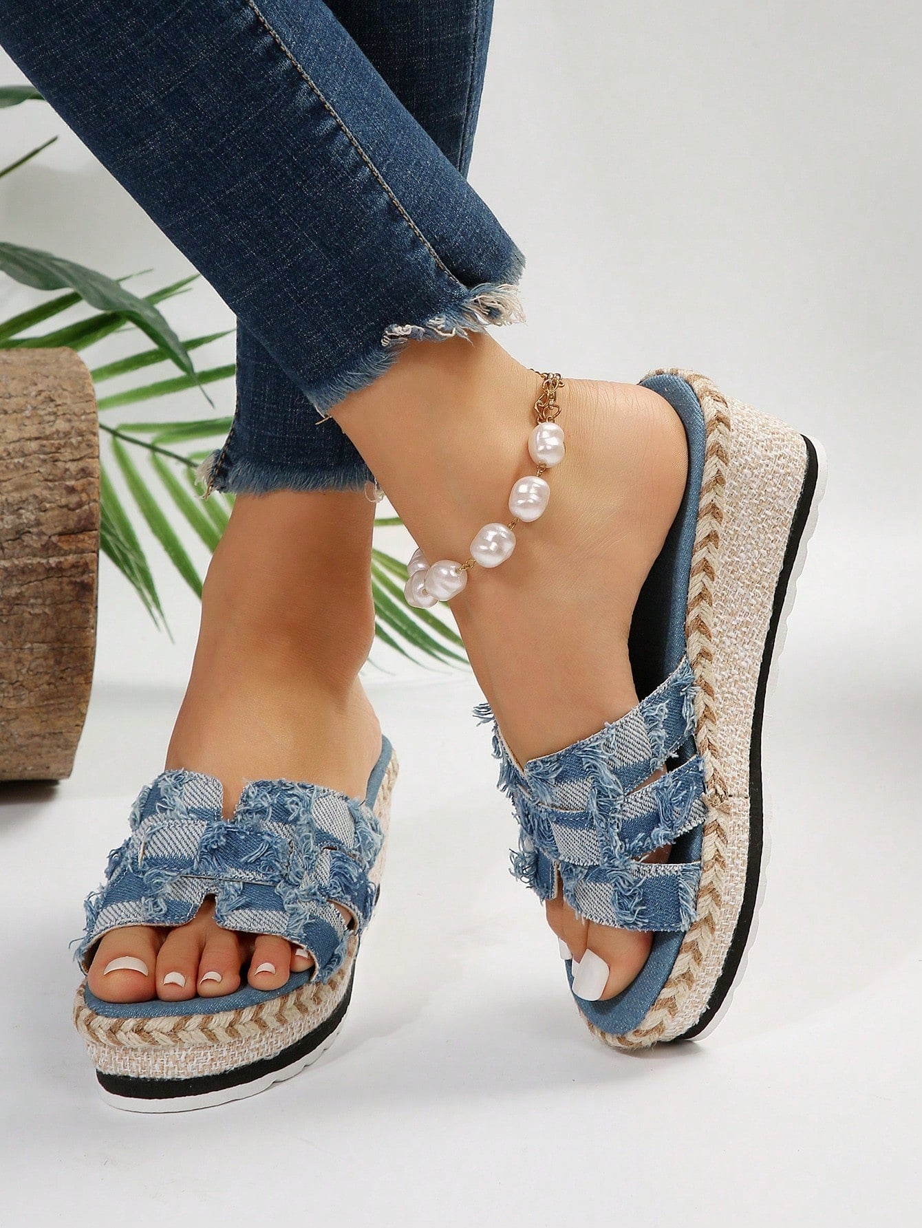 Women'S Platform Wedge Jeans Roman Sandals With Open Toe And Ankle Strap