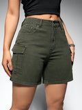 Solid Color Cargo Style Denim Shorts