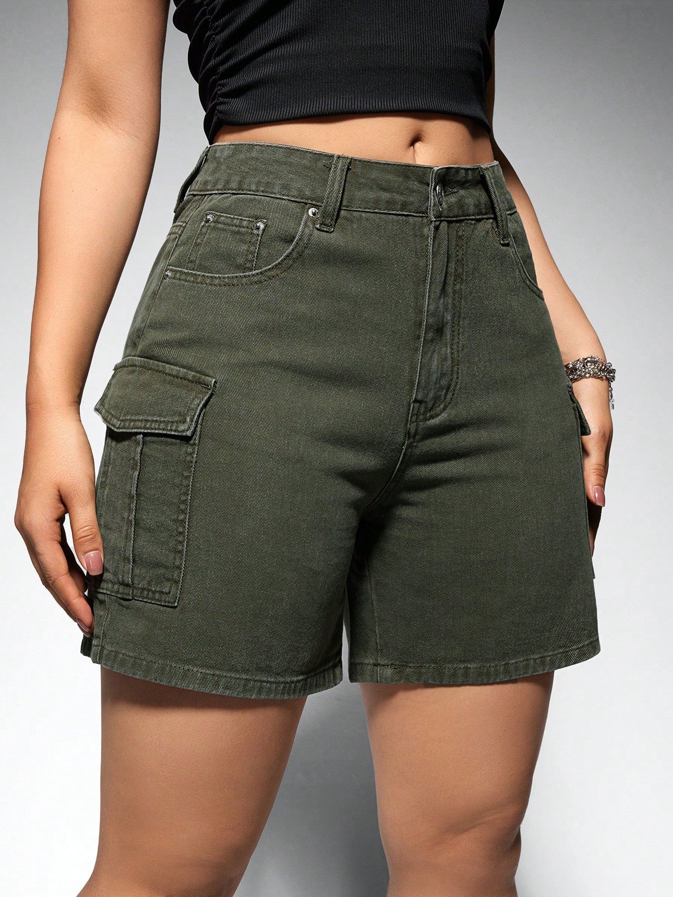 Solid Color Cargo Style Denim Shorts