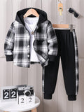 Young Boy's Casual Plaid Print Patchwork Button-Up Hooded Shirt And Sports Pants