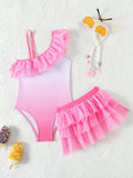 Young Girl 2pcs Gradient Color One-Piece Swimsuit With Skirt Cover-Up, Cute Bathing Suit For Summer Beach Activities