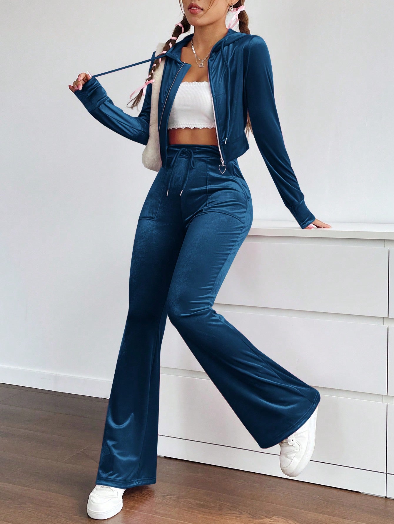 Women's Velvet Drawstring Two Piece Set