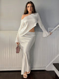 Satin Off-Shoulder Flared Long Sleeve Blouse With Asymmetric Hem + Low Waist Fish-Tail Skirt
