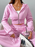 Women's Spring Fashionable Pink Zip Front Hooded Sweatshirt And Pants Two Piece Set